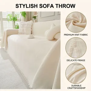 Stylish beige knitted sofa throw blanket with delicate fringe and durable craftsmanship.