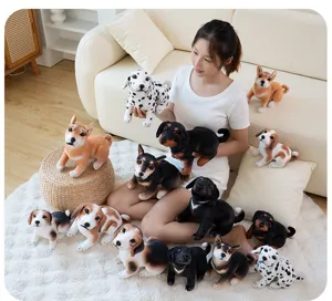 Detailed view of cute realistic plush dog toys, soft simulation animal dolls for sofa and home decor.