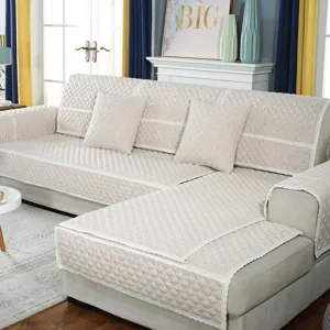 Quilted solid color linen-style sofa cover, anti-slip fabric sofa cushion detail view.