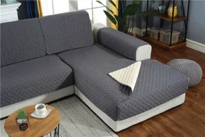 Grey geometric quilted sectional sofa cover detail, soft non-slip fabric for L-shaped sofa.