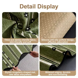 Green chenille sofa cushion cover with floral pattern, non-slip silicone back and thick edge.
