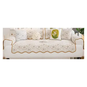 Minimalist Chenille Non-Slip Sofa Cover Jacquard Floral Sofa Cushion Scalloped Edge Furniture Protector Universal Sofa Mat