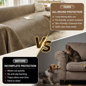 Chenille striped sofa cover detail comparison showing superior scratch resistance and protection.