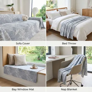 Nordic style blue leaf pattern three layer gauze sofa cover blanket detail scene display