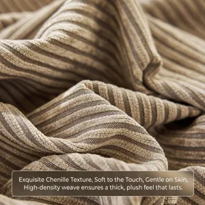 Close-up of thick chenille fabric showing soft texture and vertical striped weave.