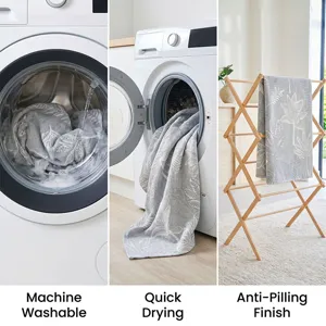 Nordic grey leaf print three-layer gauze sofa blanket throw, machine washable and quick drying.