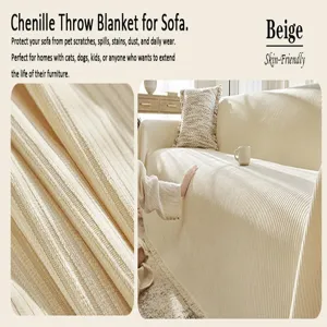 Chenille sofa blanket cover, vertical stripe furniture protector for living room use.