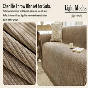 Detailed view of chenille throw blanket for sofa, skin-friendly texture, light mocha color.