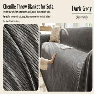 Chenille throw blanket for dark grey sofa, soft skin-friendly protector cover for home living room.