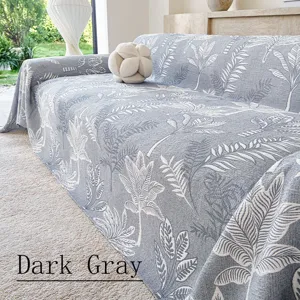 Nordic dark gray three-layer gauze sofa cover, breathable botanical pattern blanket.