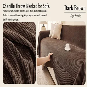 Chenille sofa cover throw blanket dark brown textured fabric furniture protector for living room.