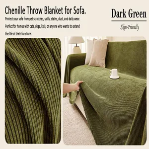 Chenille vertical stripe sofa cover throw blanket, dark green skin-friendly furniture protector.
