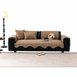 Retro plaid sofa cover, color-woven checkerboard twill cotton sofa mat with scalloped edge.