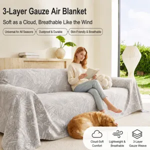 Modern Luxe Drielagig Gaze Katoen Zetelhoes Deken Nordic Botanisch Bladeren Patroon Bedrukt Multi Functionele Airconditioning Dutje Deken Voor Thuis Woonkamer Bank Wurf