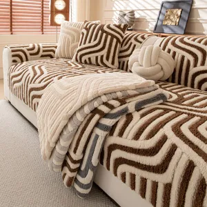 Retro Jacquard Sherpa Fleece Sofa Cushion Soft Plush Anti-Slip Winter Sofa Cover Machine Washable Warm Couch Protector Home Decor