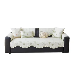 Cooling ice silk sofa cushion cover set cream style green heart pattern anti-slip mat