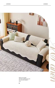 Ice silk sofa cushion cover for living room, stylish beige star pattern anti slip furniture protector.