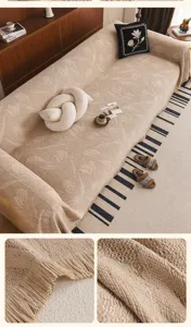 Chenille sofa cover detail, textured fabric weave close-up, elegant fringe and soft drape.