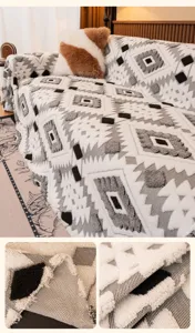 Bohemian sofa cover detail shot showing textured diamond geometric pattern and soft fabric.