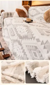 Retro bohemian plush diamond sofa cover detail, soft fleece material and texture close up.