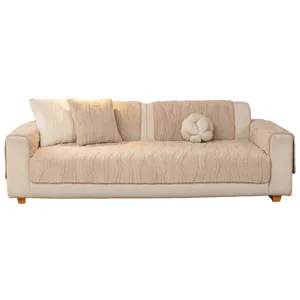 Thickened plush sofa cushion cover set, soft warm anti-slip wave stripe couch slipcover