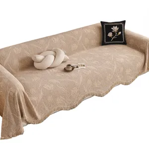 Minimalist chenille sofa cover with fringe, beige floral jacquard universal slipcover.