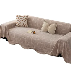 Jacquard Sofabezug universal ueberwurf Sofa Schutzhuelle Decke mit Fransen beige.
