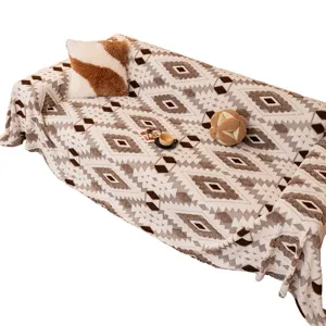 Retro Bohemian Sofa Cover Plush Chenille Diamond Pattern Blanket Universal Protector