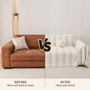 Chenille sofa cover protector with fringe edges, anti-dust full wrap blanket for living room.