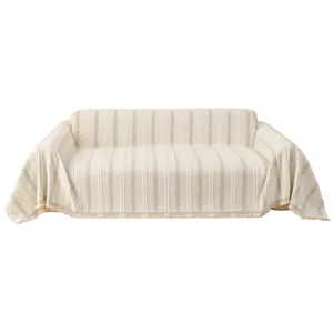 Chenille striped sofa cover with fringe main image showing clean beige fabric design.