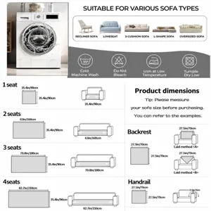 Guide des tailles de housse de canapé en chenille et détails de dimensions pour les sièges.