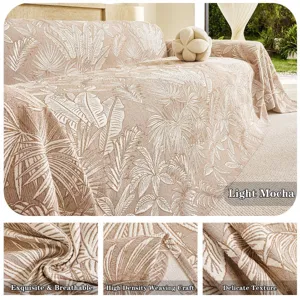 Light mocha sofa cover with tropical leaf jacquard pattern, breathable three-layer yarn fabric.