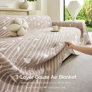Three Layer Gauze Jacquard Sofa Towel Botanical Leaf Pattern All Season Dustproof Multi Functional Throw Blanket Home Textile Decor