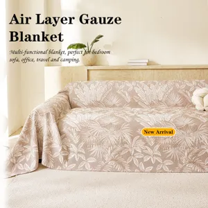 Modern Three Layer Gauze Sofa Cover Double Sided Jacquard Tropical Leaf Pattern Sectional Couch Throw Blanket Home Decor