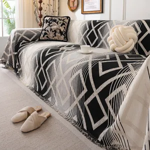 Modern black and white geometric chenille sofa cover throw blanket for living room main image
