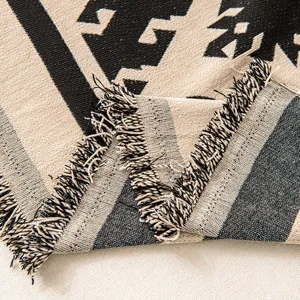 Geometric chenille sofa blanket thick woven throw cover with fringe for living room decor.