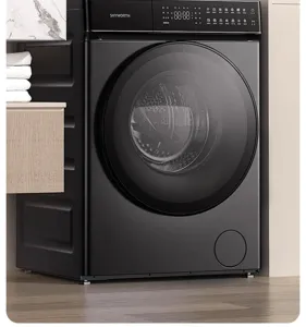 Modern black front load washing machine detail view with digital control panel and glass door.