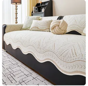 Cooling silk sofa cover with textured wave design, anti-slip breathable summer slipcover for living room