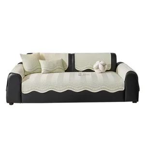 Summer cooling silk sofa cushion set with wave texture, modern green and beige design main view