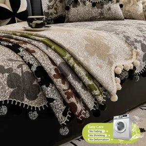 European Retro Chenille Irregular Shaped Sofa Cover Luxurious Botanical Floral Print Anti Slip Throw Towel Blanket Cushion With Tassel Ball Trim For Home Living Room Decor