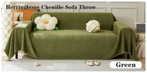 Funda de sofá de chenilla verde con motivo de espiga en detalle, tela suave para salón.
