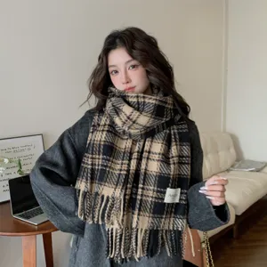 Korean style classic plaid scarf for women autumn winter cozy fringe tassel warm wrap