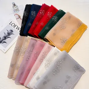 Chiffon beaded rhinestone long scarf, elegant floral hijab wrap for women, stylish multi-color.