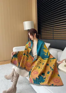 Detailed view of artistic sunflower jacquard thick cashmere-feel shawl in a cozy room.