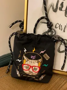 Embroidered Drawstring Shoulder Bag Oxford Cloth Japanese Niche Design Casual Tote Bag Fashion Handbag For Women