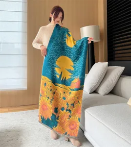 Detailed view of the autumn winter art jacquard warm shawl scarf showing the delicate sunflower pattern.
