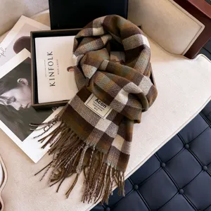 Classic vintage plaid fringed scarf for women, cozy winter warm thick tartan shawl wrap.