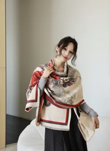 Women winter warm jacquard scarf shawl, floral print fringe design, elegant casual accessory.