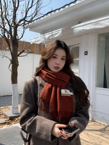 Korean style simple plaid scarf for women, autumn winter thickened warm tassel shawl neck wrap