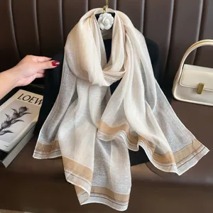 Elegant long silk feel scarf with stripe border, lightweight women fashion shawl for autumn.